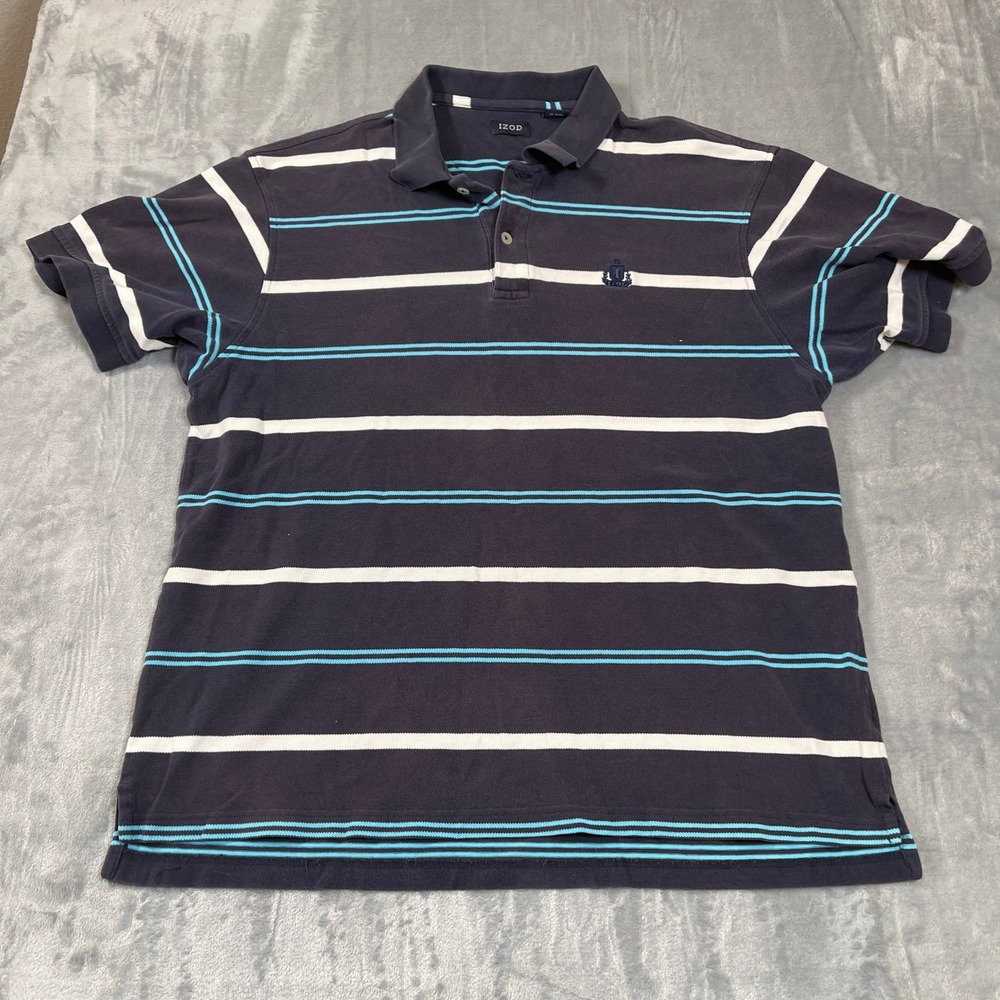 IZOD Mens Polo Shirt XL Navy Blue White Striped Short Sleeve Cotton Pique Logo